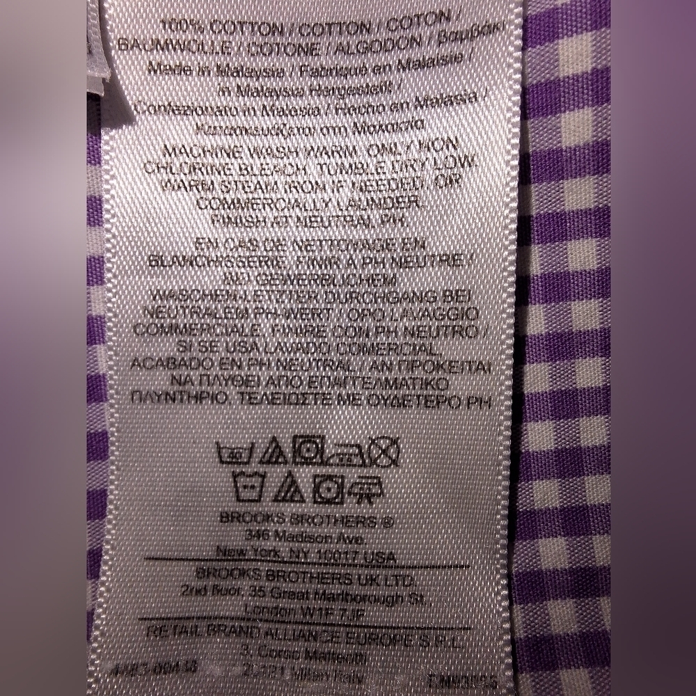 A Brooks Brothers purple plaid long sleeve button-down shirt in a men's medium. - Picture 3 of 7